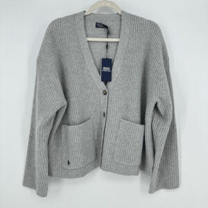 Polo Ralph Lauren Womens L Ribbed Cardigan Sweater Wool Cashmere Gray Preppy